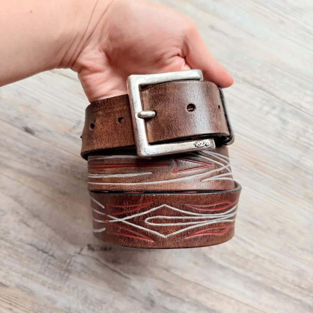 Vintage Harley-Davidson Brown Leather Pinstripe Belt Sz 36 Biker Motorcycle Y2K